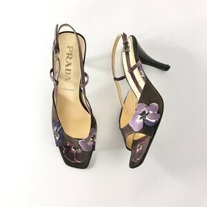 Vintage Prada Floral Print Snakeskin Slingback Heeled Sandals 38.5